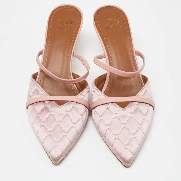 Pre Owned Malone Souliers Two Tone Pink Quilted Satin and Leather Frankie Mules Size 39.5