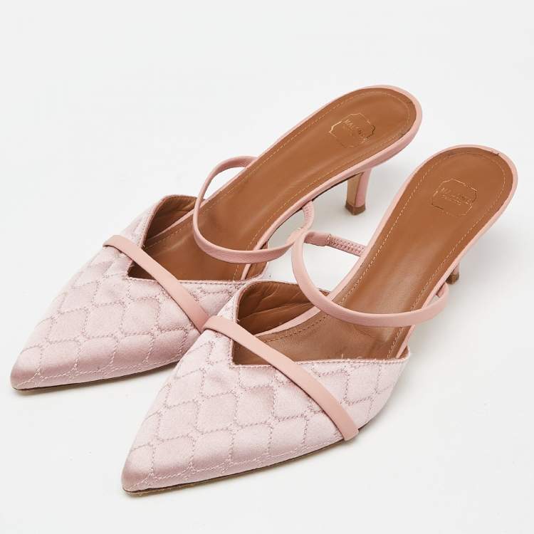 Pre Owned Malone Souliers Two Tone Pink Quilted Satin and Leather Frankie Mules Size 39.5
