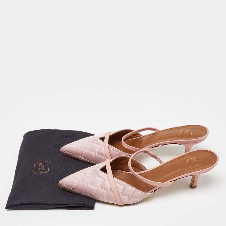 Pre Owned Malone Souliers Two Tone Pink Quilted Satin and Leather Frankie Mules Size 39.5