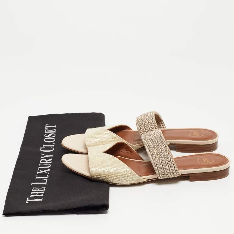 Pre Owned Malone Souliers Cream Woven Raffia Rodena Flat Slides Size 37