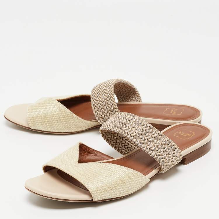 Pre Owned Malone Souliers Cream Woven Raffia Rodena Flat Slides Size 37