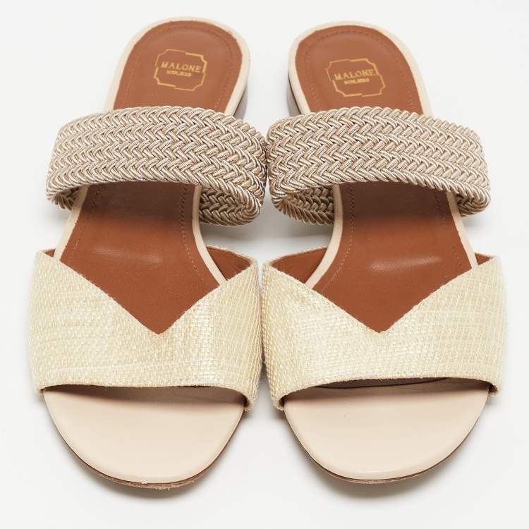 Pre Owned Malone Souliers Cream Woven Raffia Rodena Flat Slides Size 37