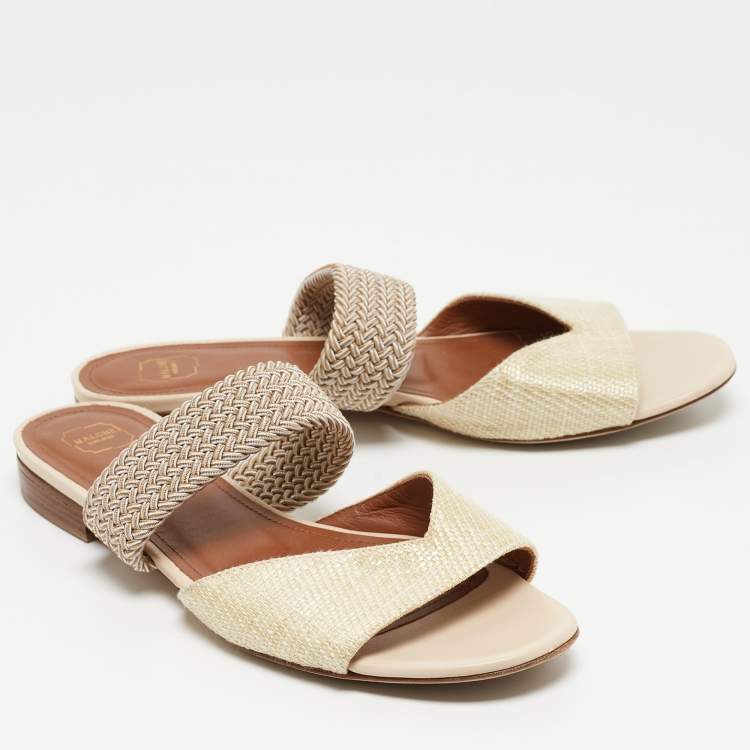 Pre Owned Malone Souliers Cream Woven Raffia Rodena Flat Slides Size 37