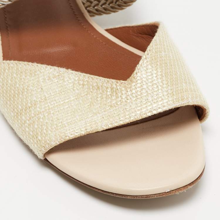 Pre Owned Malone Souliers Cream Woven Raffia Rodena Flat Slides Size 37