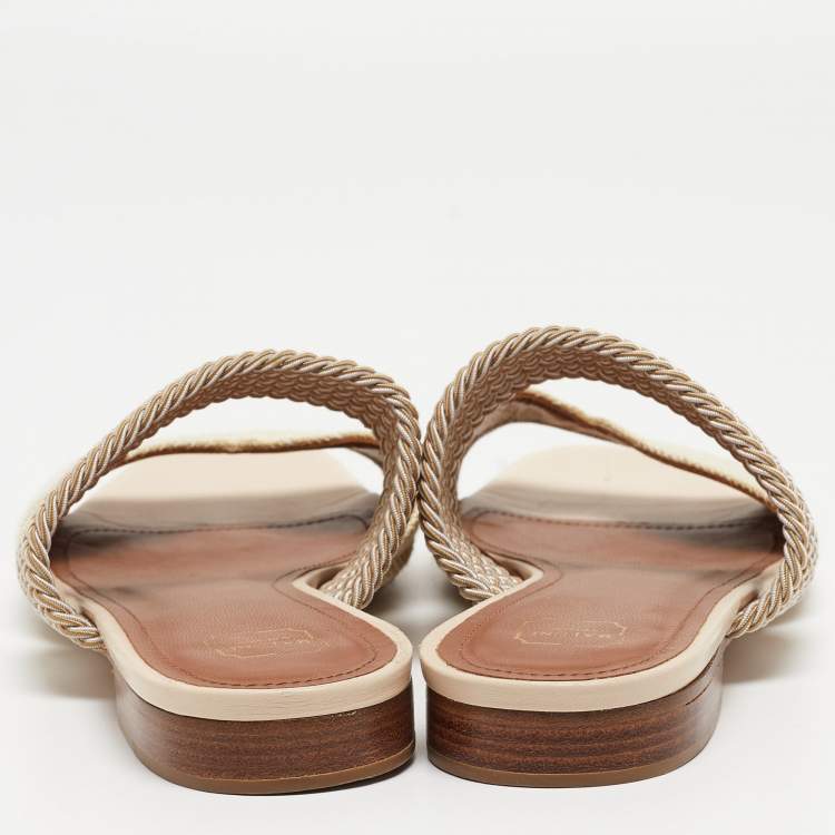 Pre Owned Malone Souliers Cream Woven Raffia Rodena Flat Slides Size 37