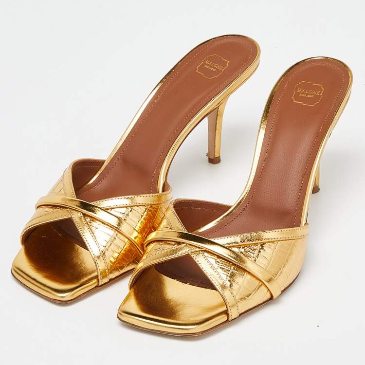 مملوكة مسبقًا Malone Souliers Gold Leather Perla Slide Sandals Size 41