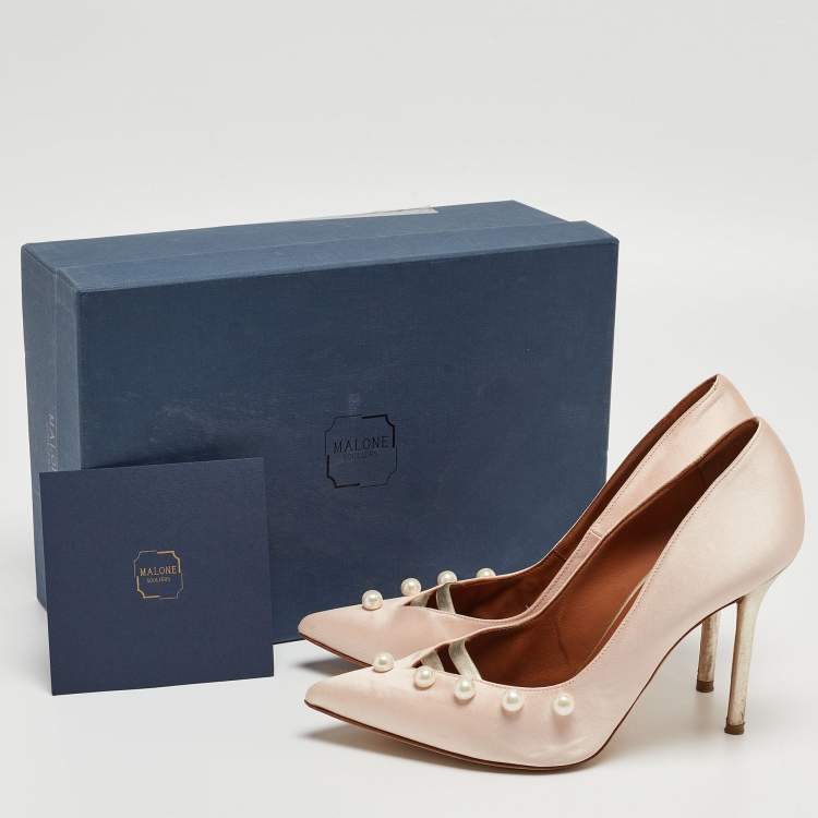 Pre Owned Malone Souliers Pink Satin Pearl Embellished Zia Pumps Size 37.5