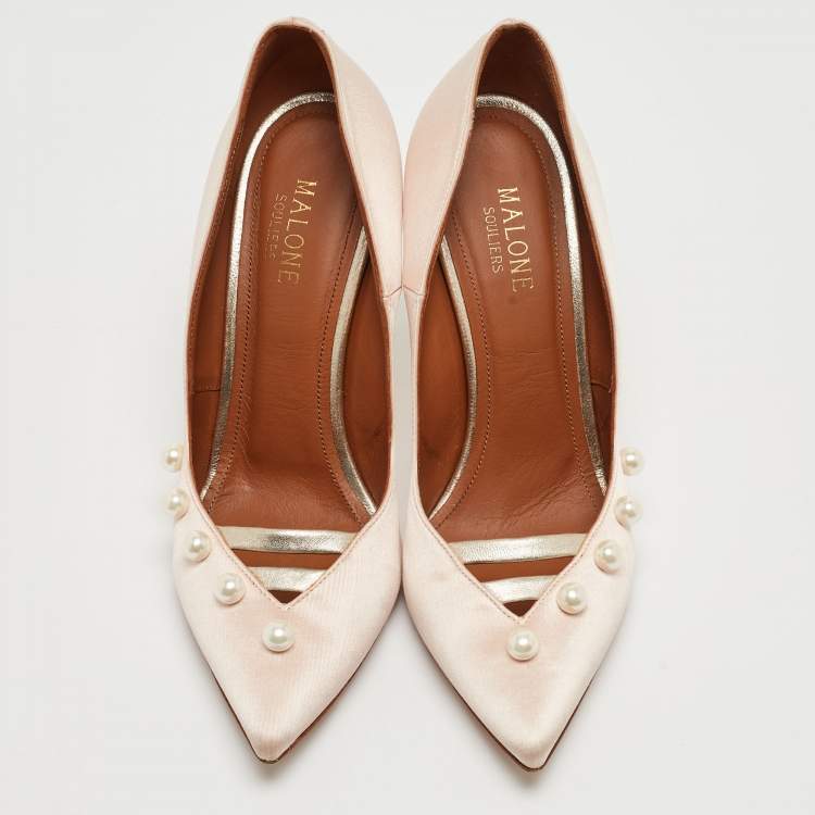 Pre Owned Malone Souliers Pink Satin Pearl Embellished Zia Pumps Size 37.5