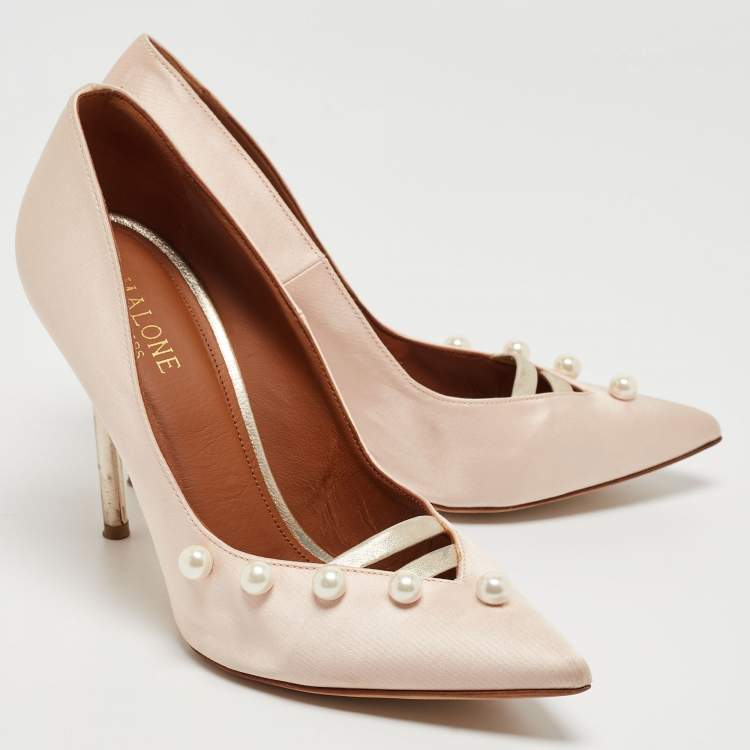 Pre Owned Malone Souliers Pink Satin Pearl Embellished Zia Pumps Size 37.5
