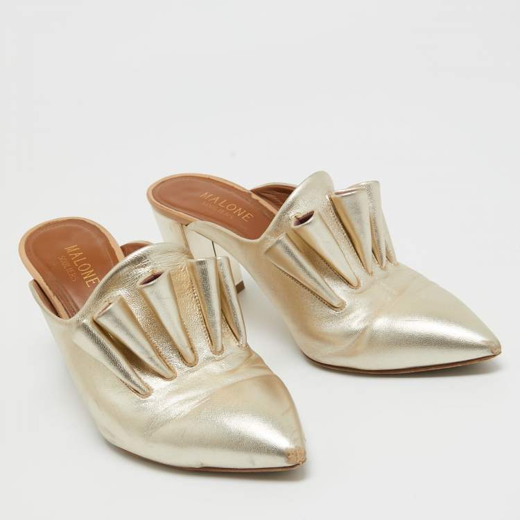 Pre Owned Malone Souliers Gold Leather Block Heel Mules Size 37.5