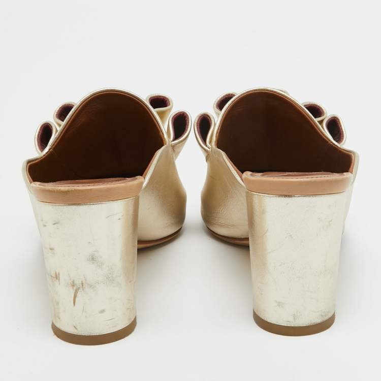 Pre Owned Malone Souliers Gold Leather Block Heel Mules Size 37.5