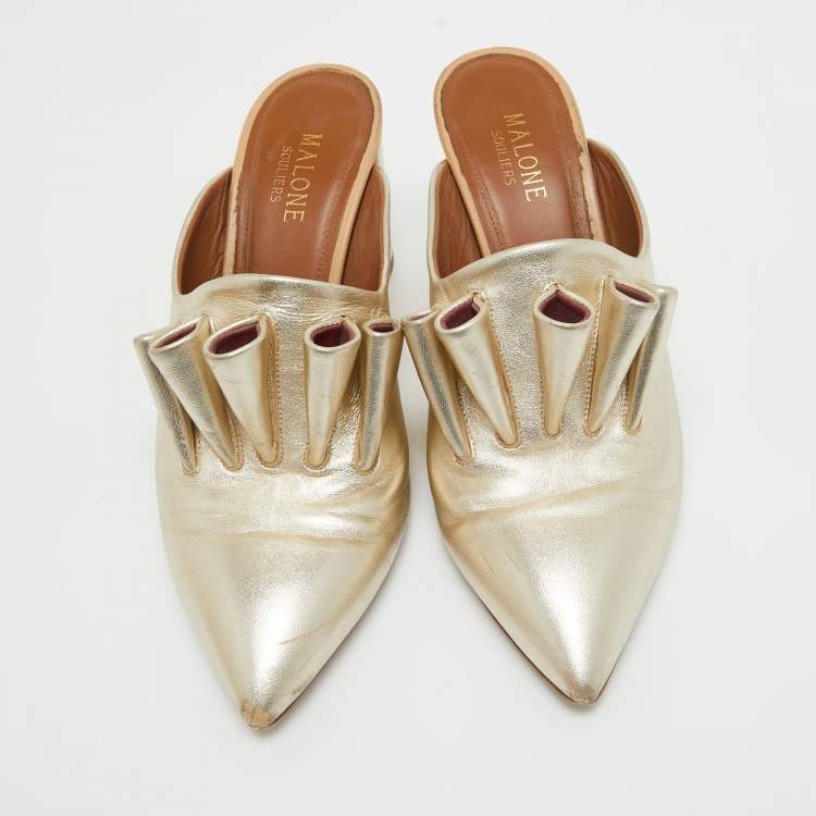 Pre Owned Malone Souliers Gold Leather Block Heel Mules Size 37.5