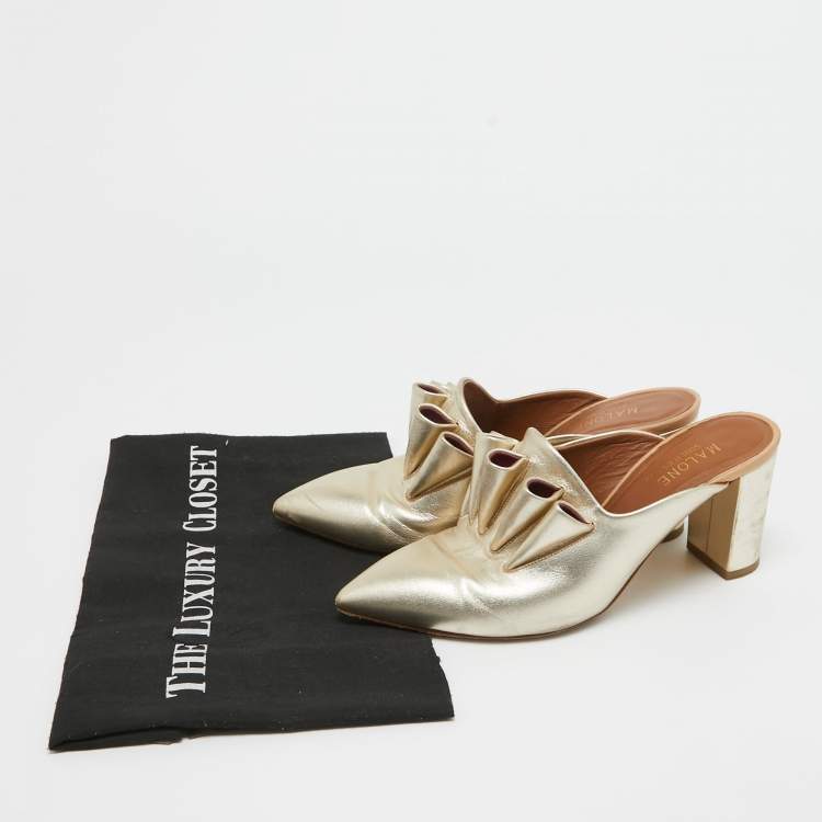 Pre Owned Malone Souliers Gold Leather Block Heel Mules Size 37.5