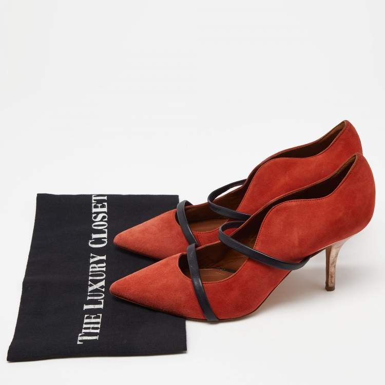 Pre Owned Malone Souliers Brick Moire Canvas and Leather Maureen Pumps Size 38