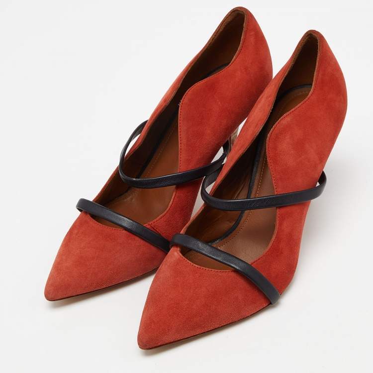 Pre Owned Malone Souliers Brick Moire Canvas and Leather Maureen Pumps Size 38