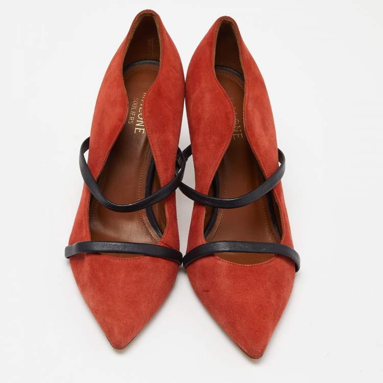 Pre Owned Malone Souliers Brick Moire Canvas and Leather Maureen Pumps Size 38