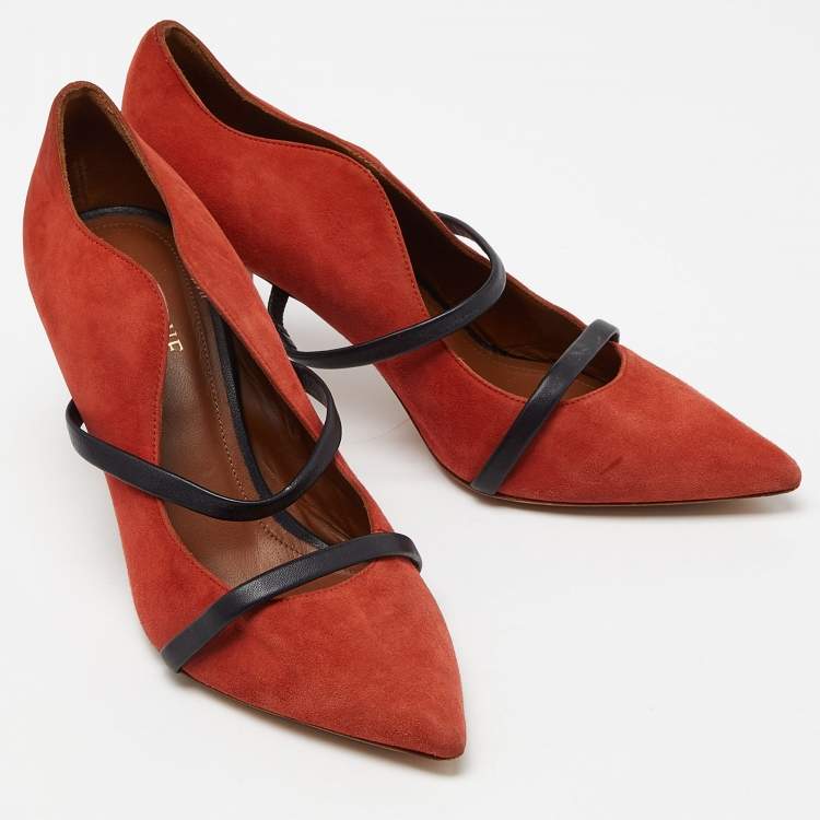 Pre Owned Malone Souliers Brick Moire Canvas and Leather Maureen Pumps Size 38