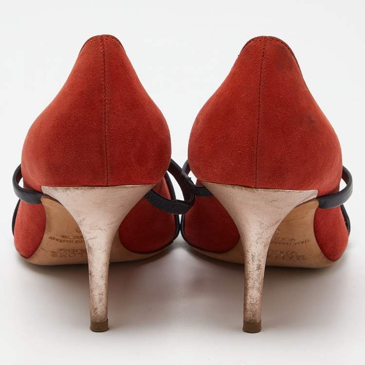 Pre Owned Malone Souliers Brick Moire Canvas and Leather Maureen Pumps Size 38