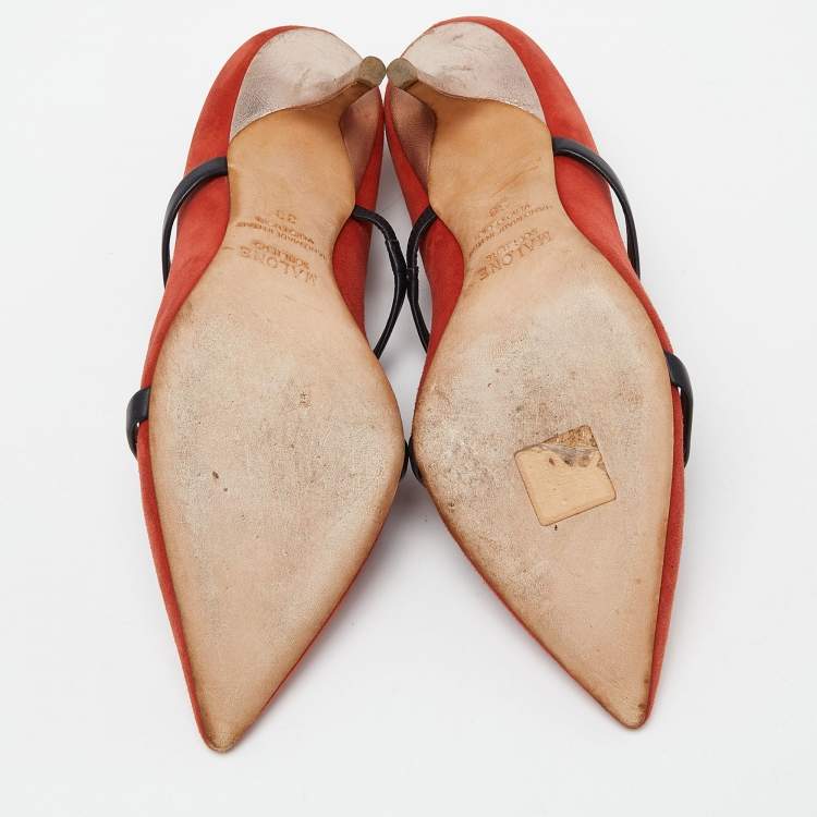Pre Owned Malone Souliers Brick Moire Canvas and Leather Maureen Pumps Size 38