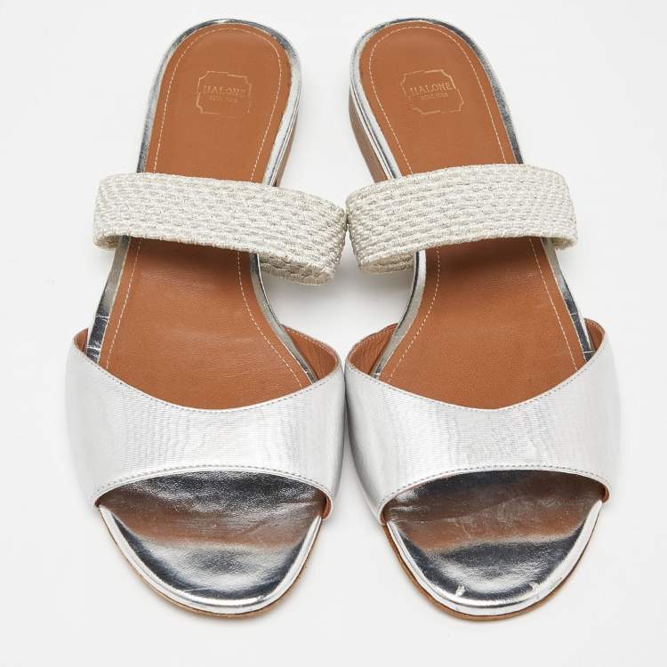 Pre Owned Malone Souliers Silver Leather Milena Flat Slides Size 40