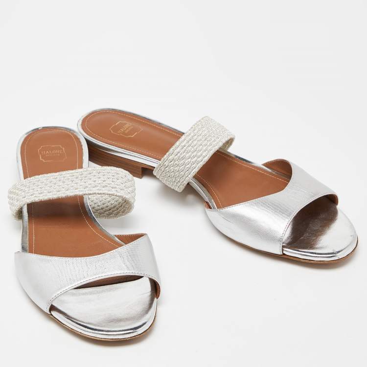 Pre Owned Malone Souliers Silver Leather Milena Flat Slides Size 40