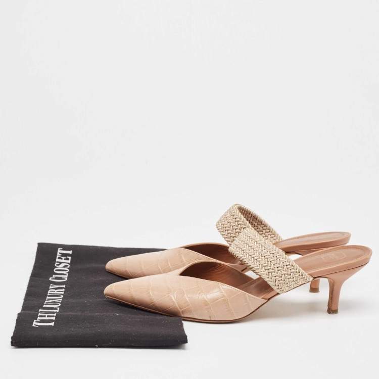 Pre Owned Malone Souliers Beige Croc Embossed Maisie Mules  Size 38