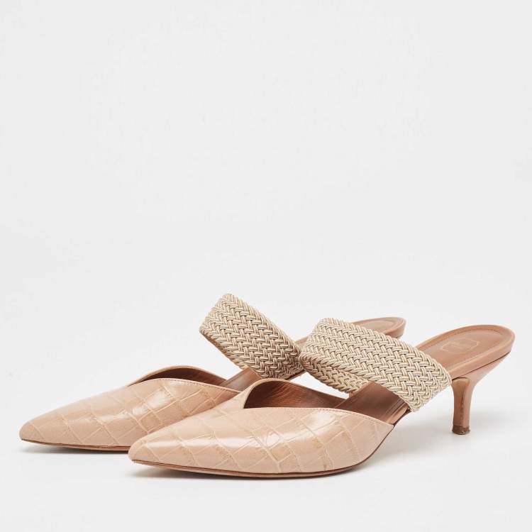 Pre Owned Malone Souliers Beige Croc Embossed Maisie Mules  Size 38