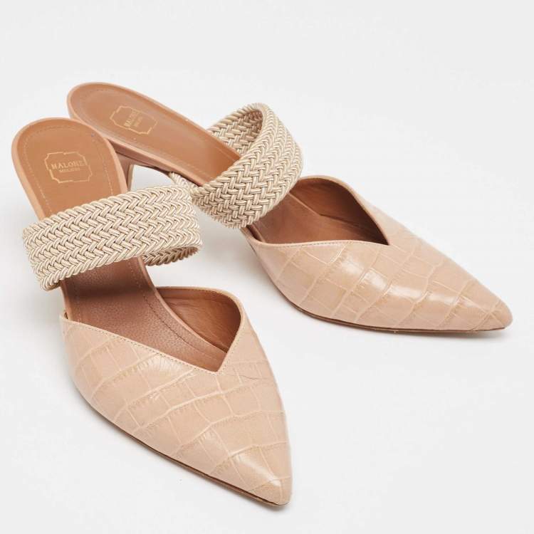 Pre Owned Malone Souliers Beige Croc Embossed Maisie Mules  Size 38