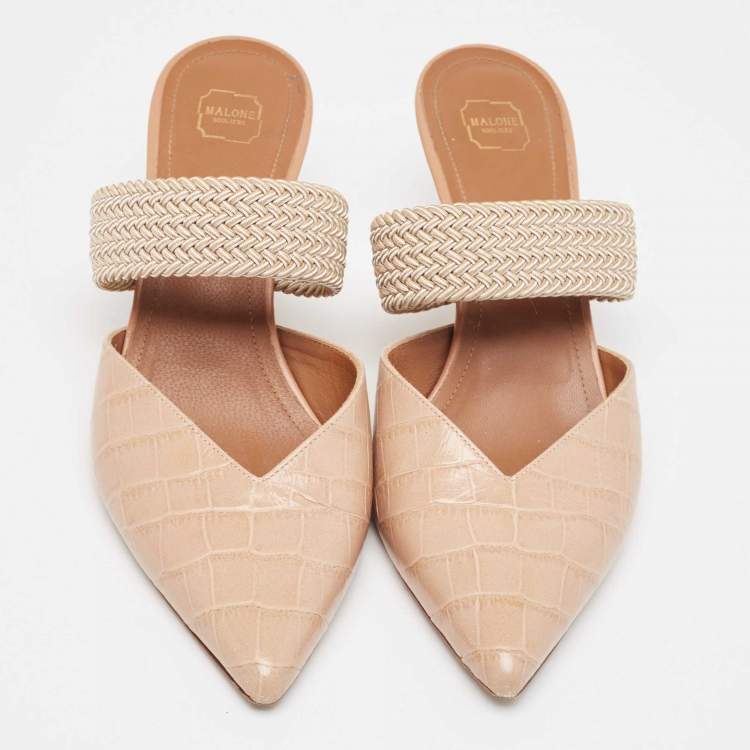 Pre Owned Malone Souliers Beige Croc Embossed Maisie Mules  Size 38