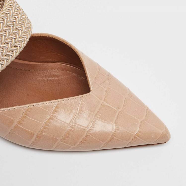 Pre Owned Malone Souliers Beige Croc Embossed Maisie Mules  Size 38
