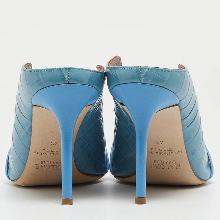 Pre Owned Malone Souliers Blue Croc Embossed Maureen Mules Size 40 