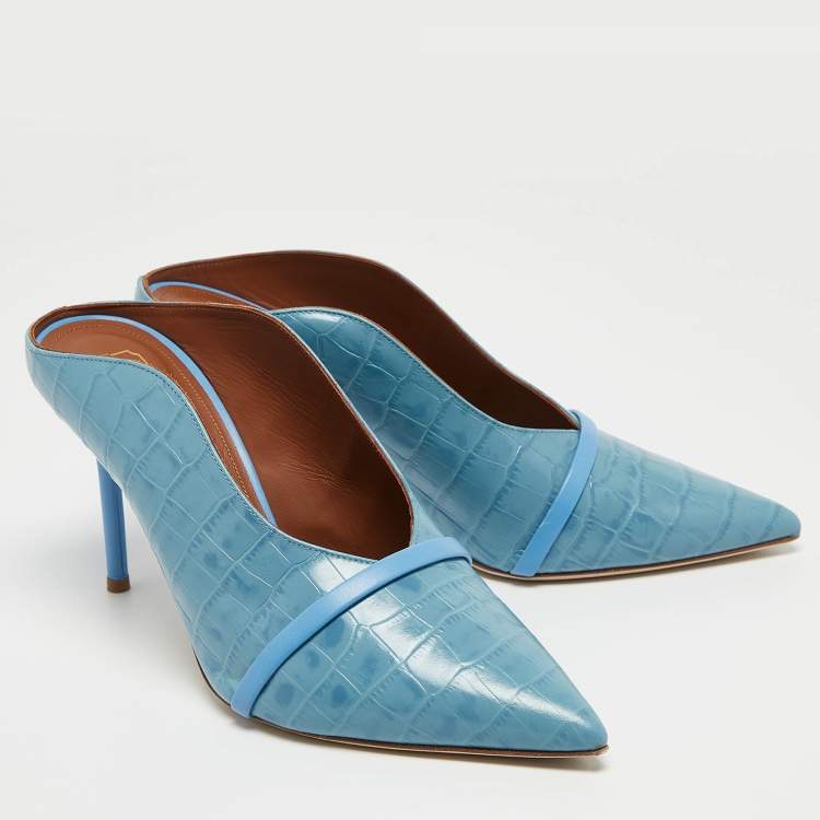 Pre Owned Malone Souliers Blue Croc Embossed Maureen Mules Size 40 