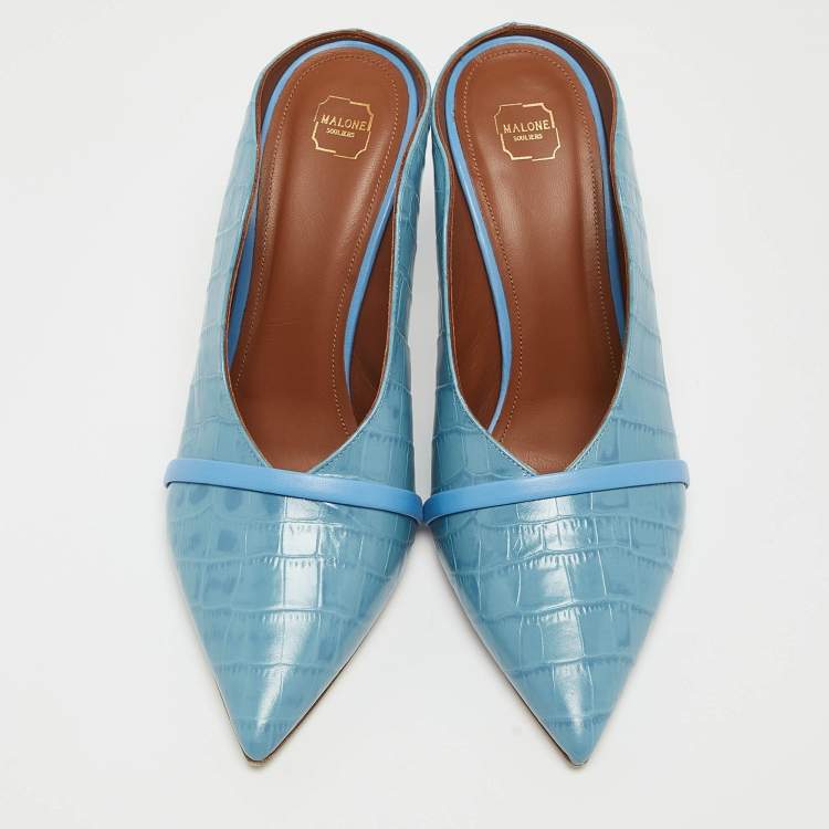 Pre Owned Malone Souliers Blue Croc Embossed Maureen Mules Size 40 