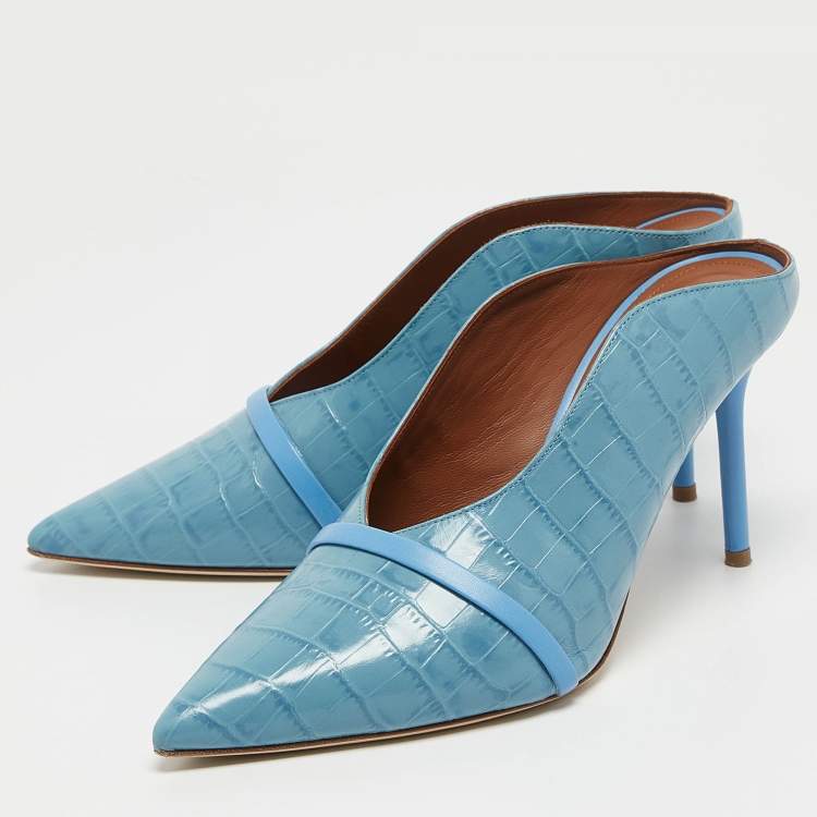 Pre Owned Malone Souliers Blue Croc Embossed Maureen Mules Size 40 