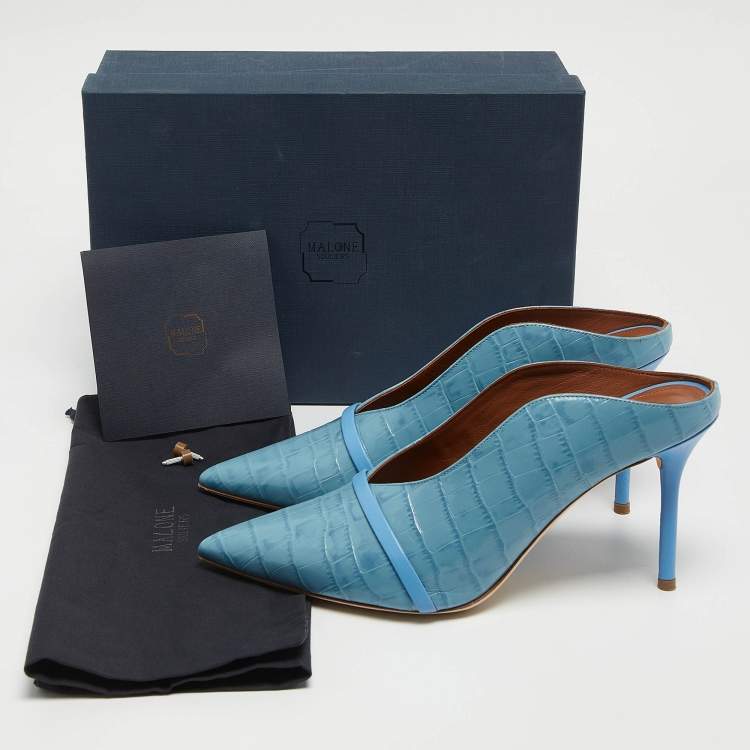 Pre Owned Malone Souliers Blue Croc Embossed Maureen Mules Size 40 