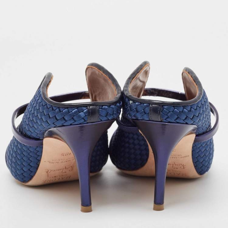 Pre Owned Malone Souliers Navy Blue Woven Satin and Leather Maureen Mules Size 38.5