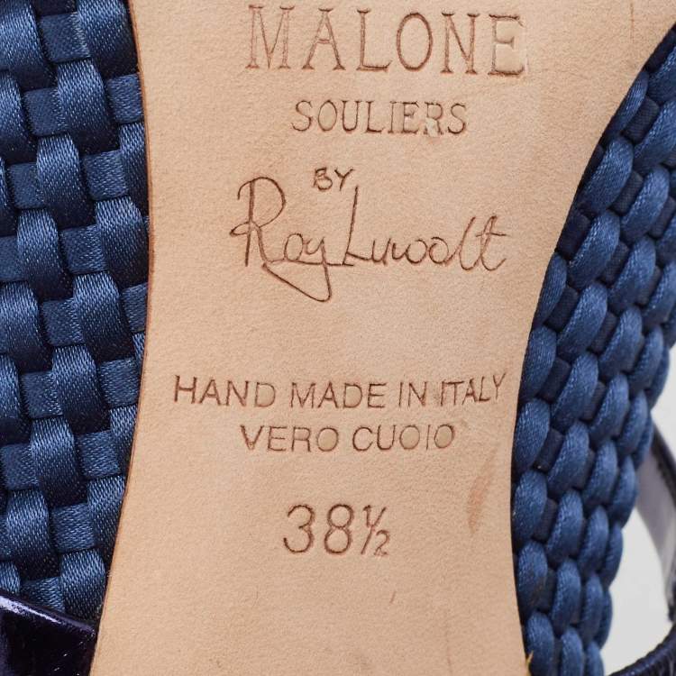 Pre Owned Malone Souliers Navy Blue Woven Satin and Leather Maureen Mules Size 38.5