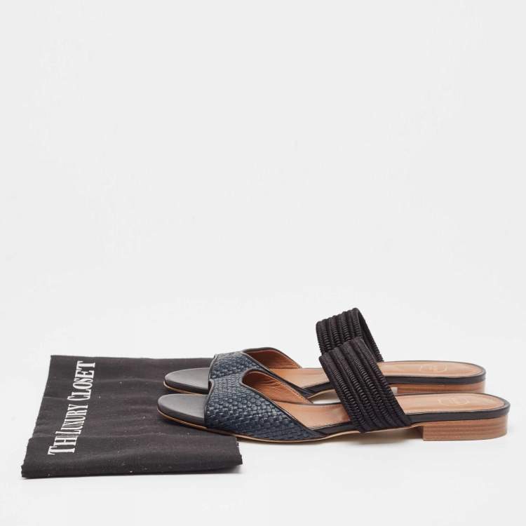 Pre Owned Malone Souliers Grey/Black Woven Raffia Slides Size 40.5