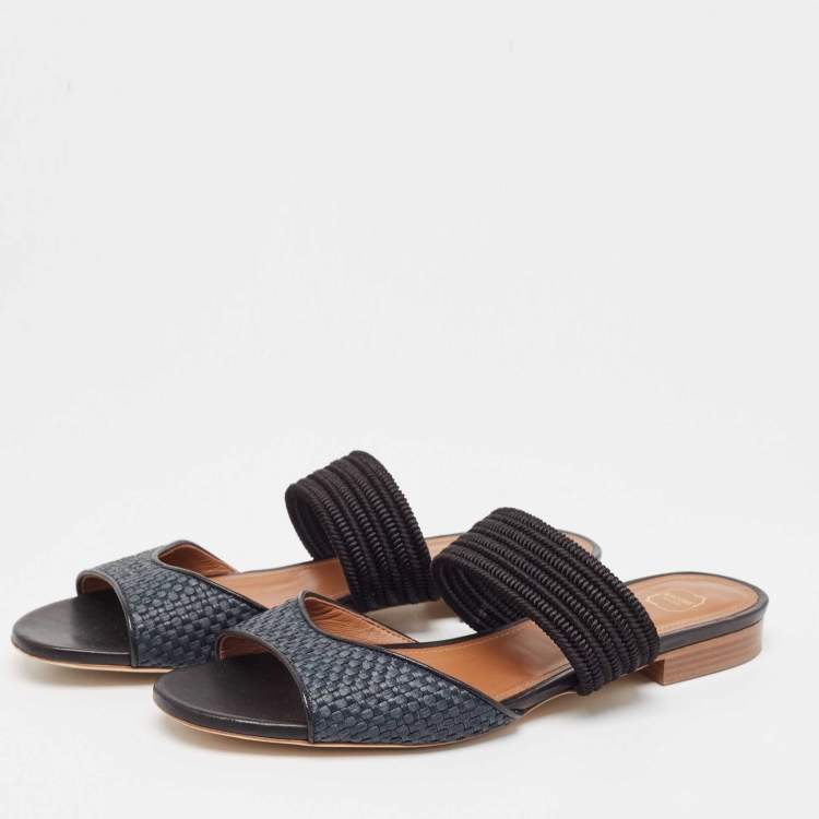 Pre Owned Malone Souliers Grey/Black Woven Raffia Slides Size 40.5