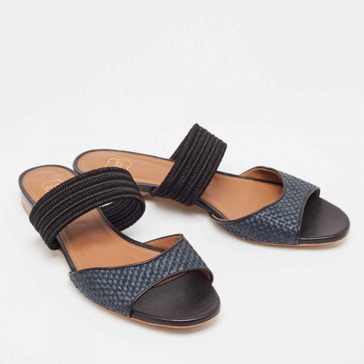 Pre Owned Malone Souliers Grey/Black Woven Raffia Slides Size 40.5