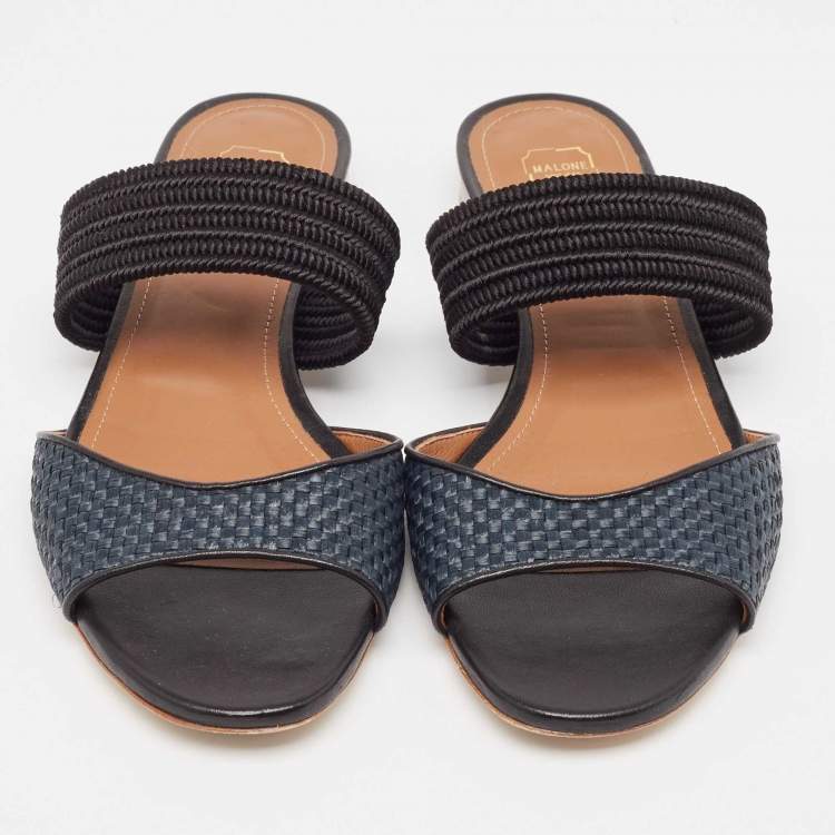 Pre Owned Malone Souliers Grey/Black Woven Raffia Slides Size 40.5