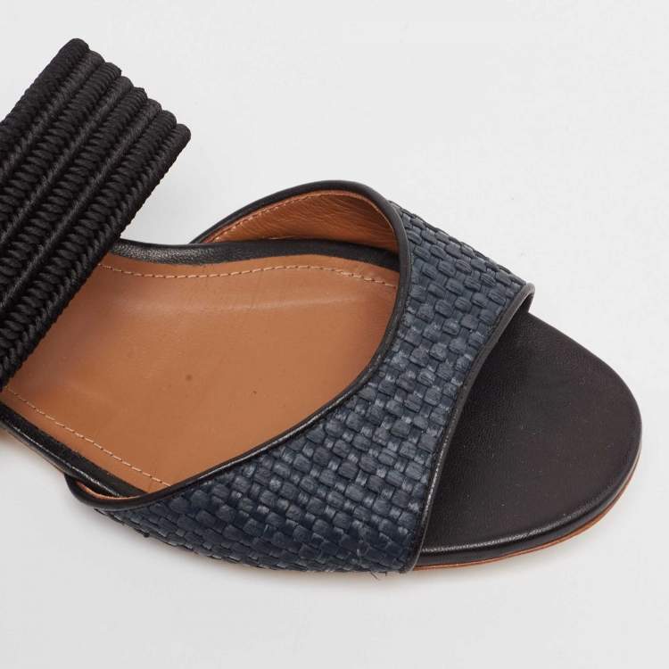 Pre Owned Malone Souliers Grey/Black Woven Raffia Slides Size 40.5