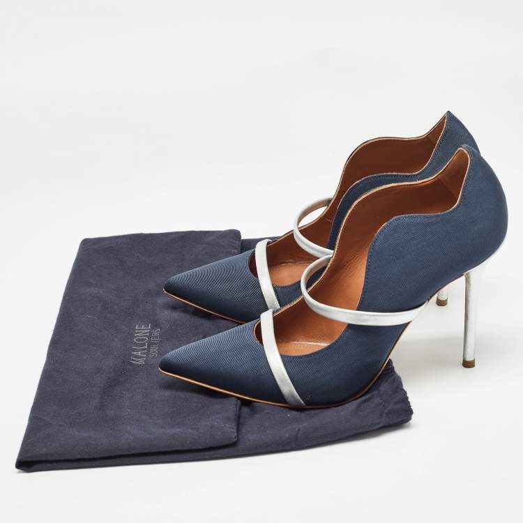 Pre Owned Malone Souliers Navy Blue/Silver Fabric and Leather Maureen Pumps Size 37.5