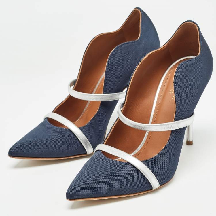 Pre Owned Malone Souliers Navy Blue/Silver Fabric and Leather Maureen Pumps Size 37.5
