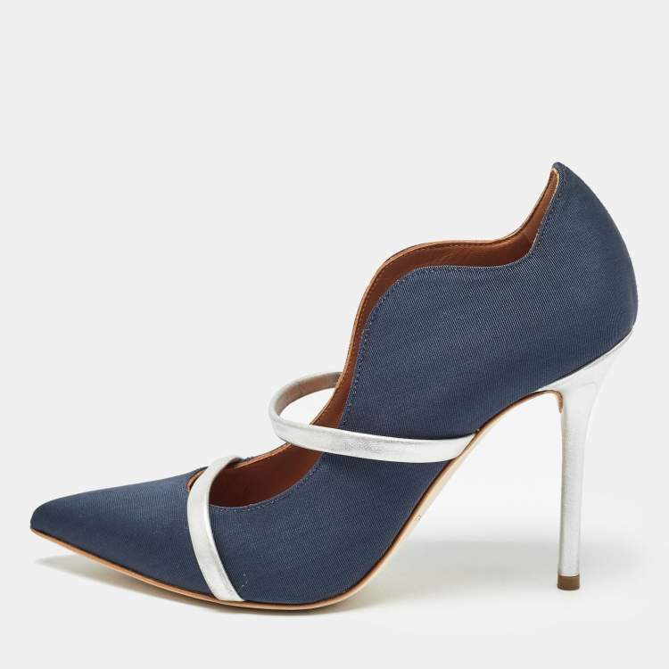 Pre Owned Malone Souliers Navy Blue/Silver Fabric and Leather Maureen Pumps Size 37.5
