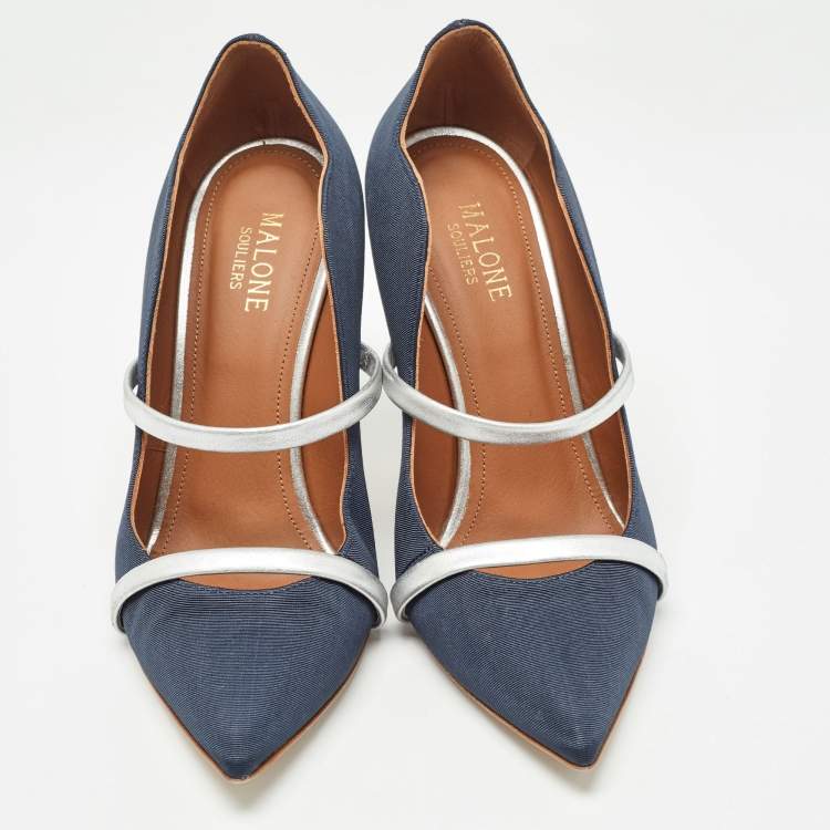 Pre Owned Malone Souliers Navy Blue/Silver Fabric and Leather Maureen Pumps Size 37.5