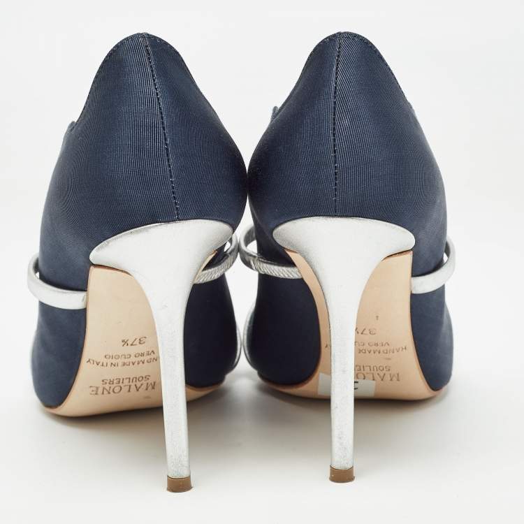 Pre Owned Malone Souliers Navy Blue/Silver Fabric and Leather Maureen Pumps Size 37.5