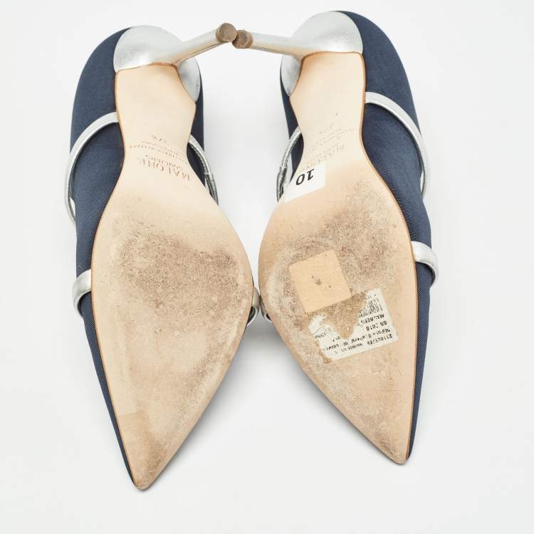 Pre Owned Malone Souliers Navy Blue/Silver Fabric and Leather Maureen Pumps Size 37.5