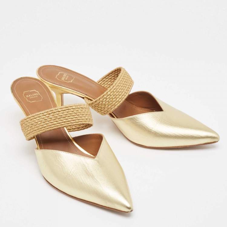 Pre Owned Malone Souliers Gold Leather Maisie Mules Size 38.5