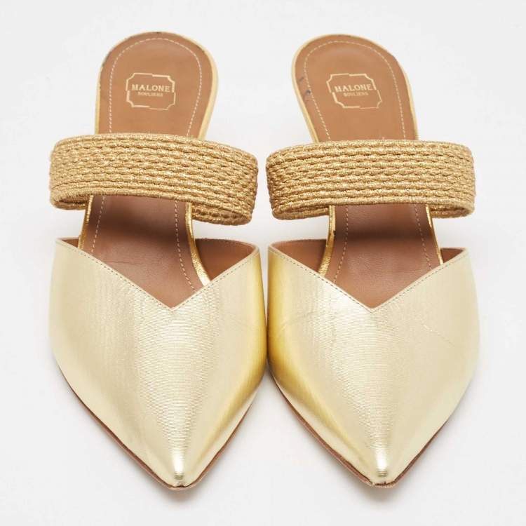 Pre Owned Malone Souliers Gold Leather Maisie Mules Size 38.5